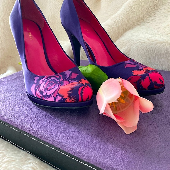 Nine West ‘Rocha’ Satin Purple Floral Heel Sz 10 - Picture 3 of 12